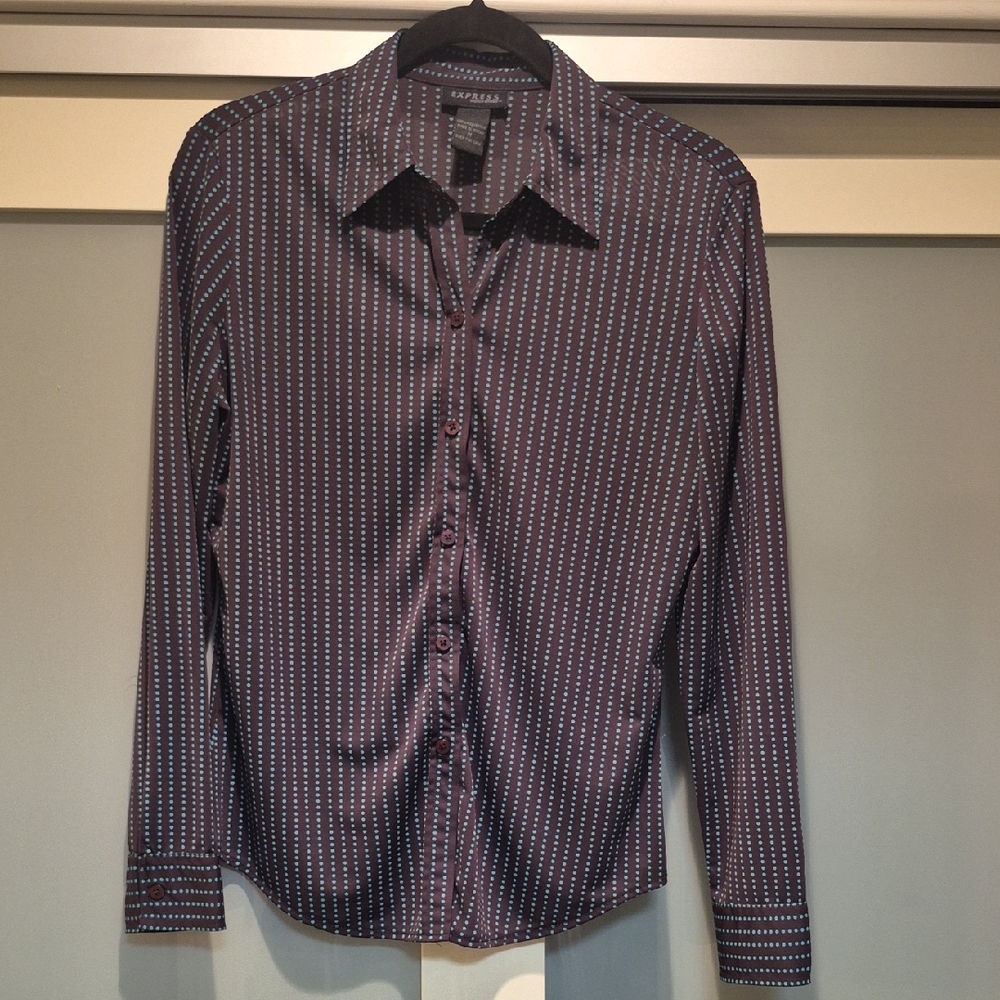 Express Women's Brown and Teal  Button Down Shirt